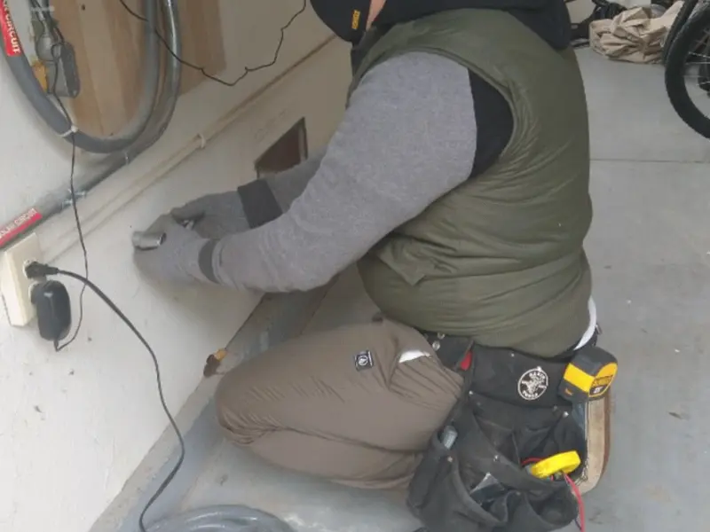 Electrician performing outlet wiring in a Cuyahoga Falls garage